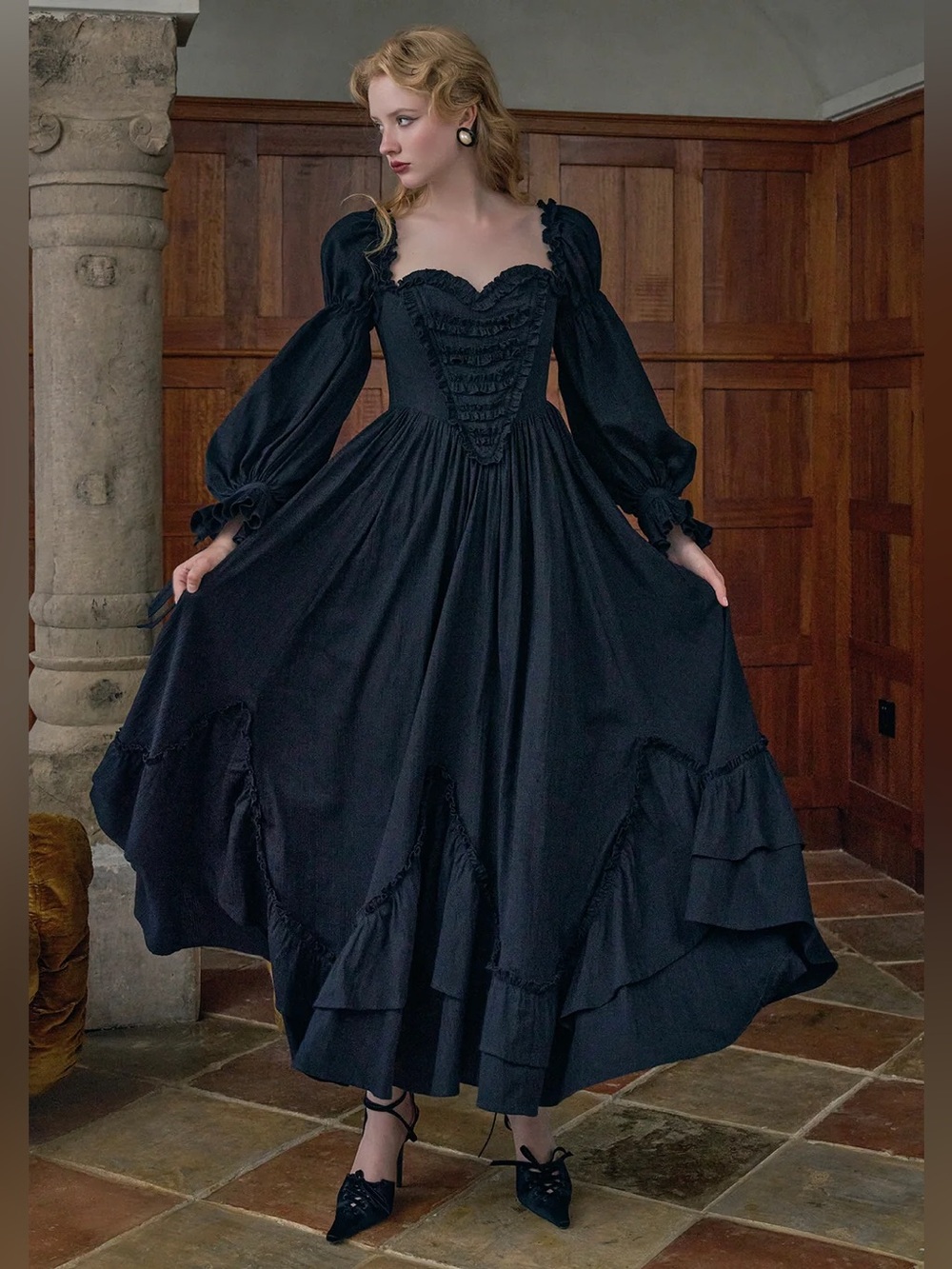 LaceMade Fallen Angels Corset Dress Cotton Maxi XS in Black